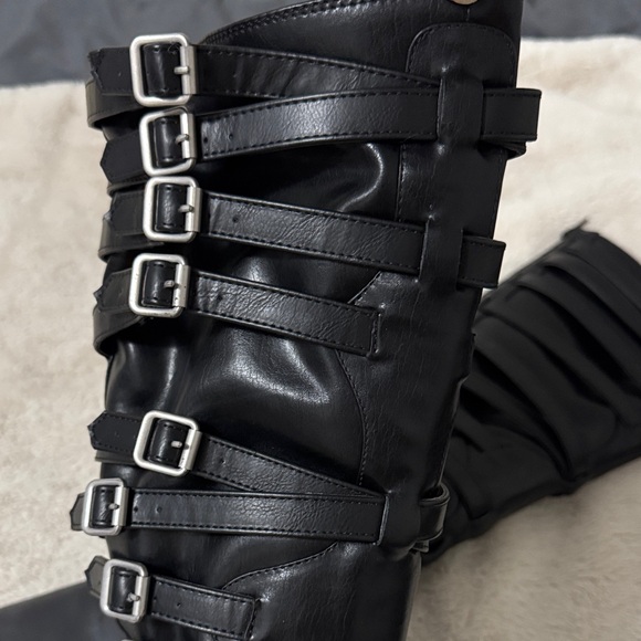 Gothic Black Buckle Strappy Monster Wedge Knee High Platform Boots - 9 - Picture 13 of 17